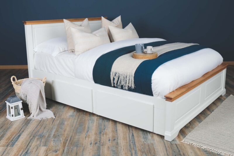 Vaikun Solid Wood Storage Bed Frame – 5ft King Size, Soft White & Oak
